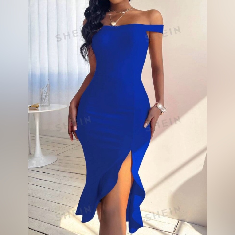 SHEIN BAE Bardot Split Thigh Ruffle Hem Bodycon Dress, Blue, Size Small - Picture 5 of 10